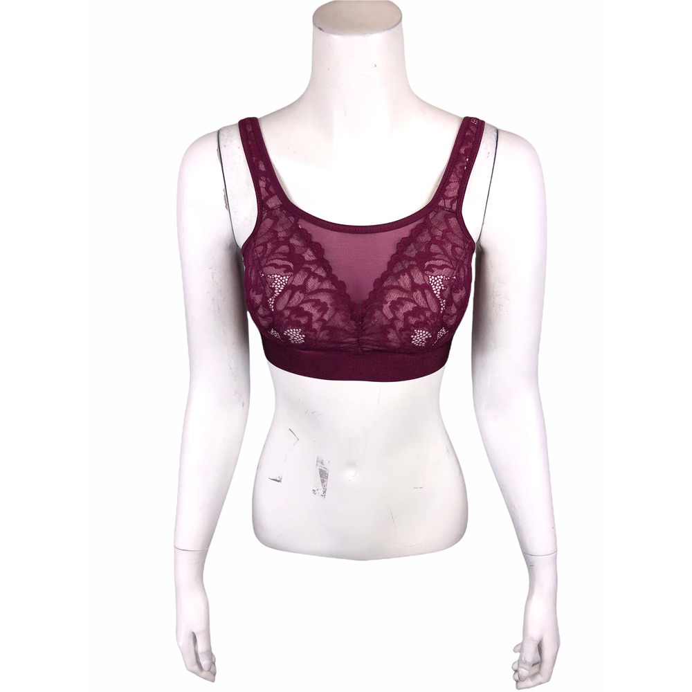 Breezies Women's Wire-Free Mesh Neckline Lace Overlay Bralette Wine Large Size